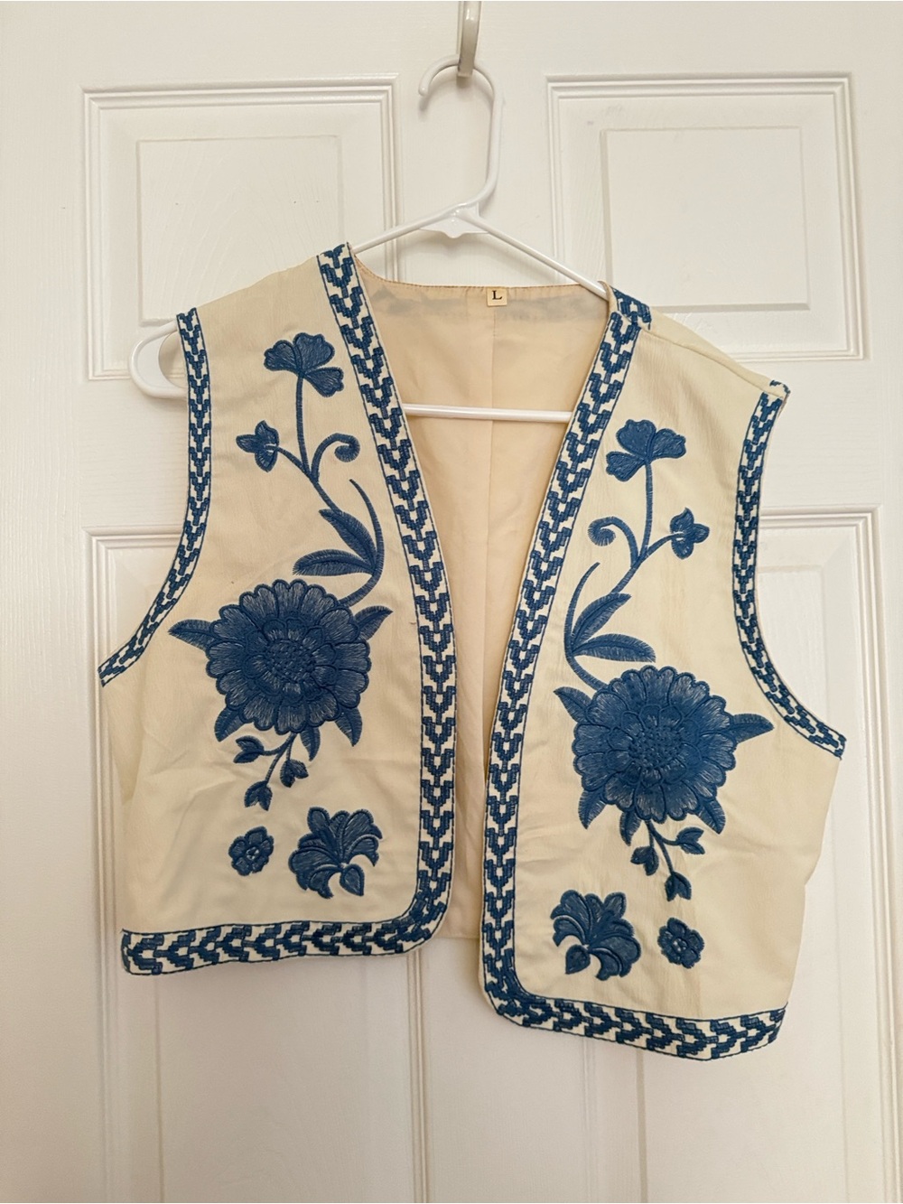 Embroidered Floral Cream Vest with Blue Trim